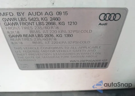 2016 Audi Q5 2.0T Premium z USA, uszkodzony, nr VIN WA1L2AFP0GA065107